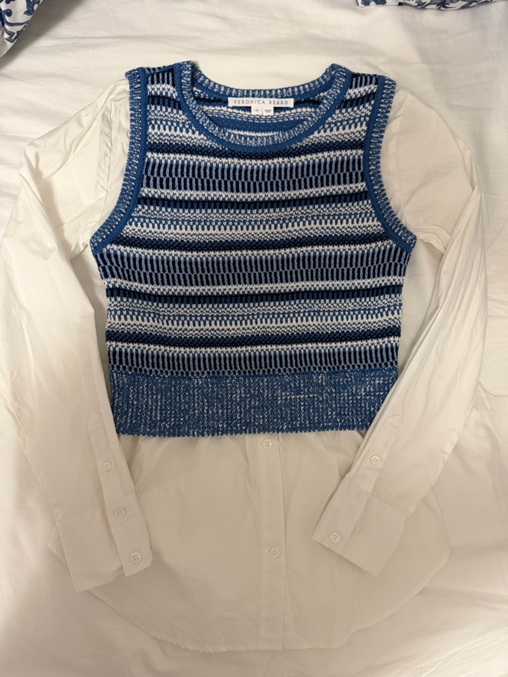 Veronica Beard Blue and White Striped. Esphera Jacquered Knit layered Cotton top